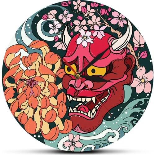 Japanese Peony Flower Acrylic Wall Clock Gothic Red Oni Demon Mask Printed Watch Japan Sherpa Evil Red Death Timepiece Decor