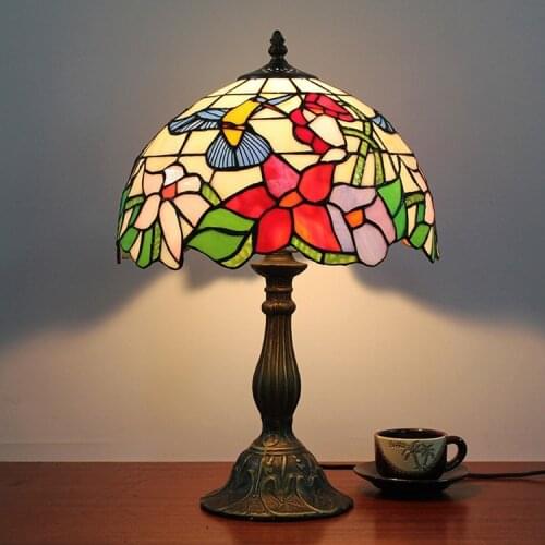Flesh Country Flowers bird Tiffany Table Lamp Country Style Stained Glass Lamp for Bedroom Bedside Lamp E27 110-240V