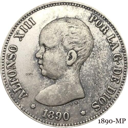 Spain 1890 MP 5 Pesetas Alfonso XIII 1st portrait The crowned Spanish Coat Of Arms With Pillars Silver Plated Copy Coin