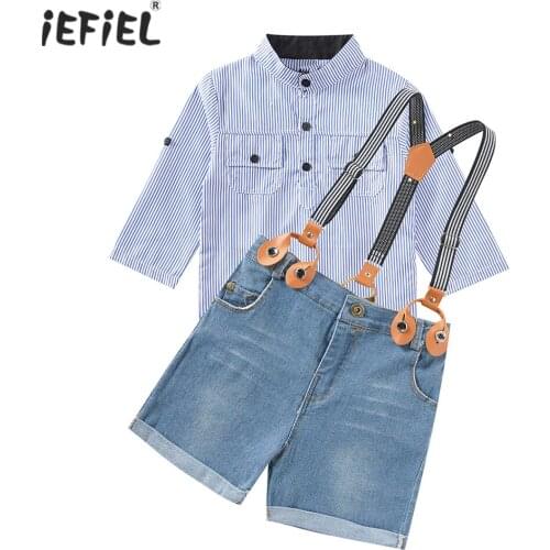Boys Clothing Sets Springs Autumn New Kids Boys Long Sleeve Stripes Buttons Tops+Suspender Jeans Shorts Casual Clothes Outfit