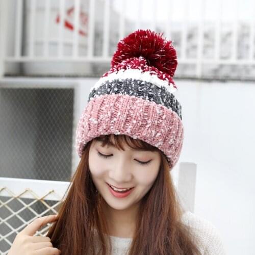 OZyc 2018 new Womens Winter Slouchy Knitted Hat Fleece Lined Cable Faux Fur Pom Beanie Hat Striped Pompom Hats Teenager Girls
