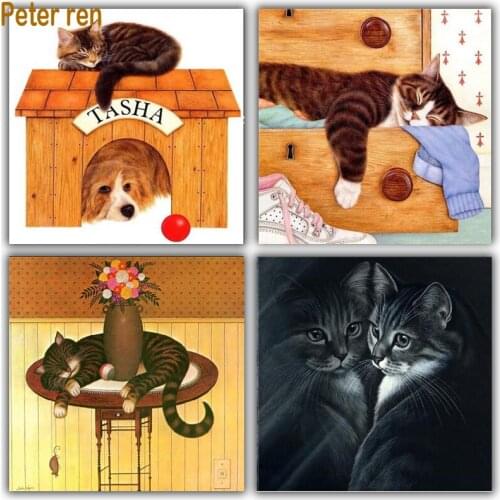 Peter ren Diamond Painting Cross stitch DIY Diamond Embroidery animal full icons Square\Round diamond mosaic picture Cat sleeps