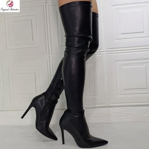 Winter Black Patent Boots Women Thigh High Thin Heels Side Zip Over The Knee Long Boots Fashion Pointed Toe Boots Botines Mujer