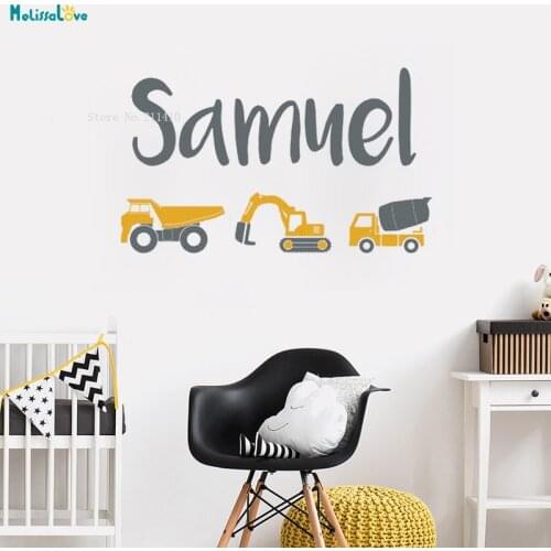 2 Colors Construction Trucks Wall Sticker Personalized Name Decal Decoration Kids Baby Room Removable Vinyl Poster YT1546