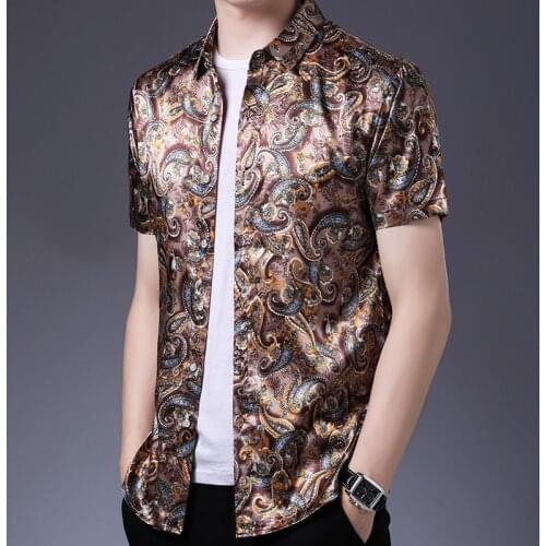 New Arrival Summer Silk Shirt Male Fashion Printing Silk Clothes Short Sleeve Floral Printed Satin Silk Dress Shirts