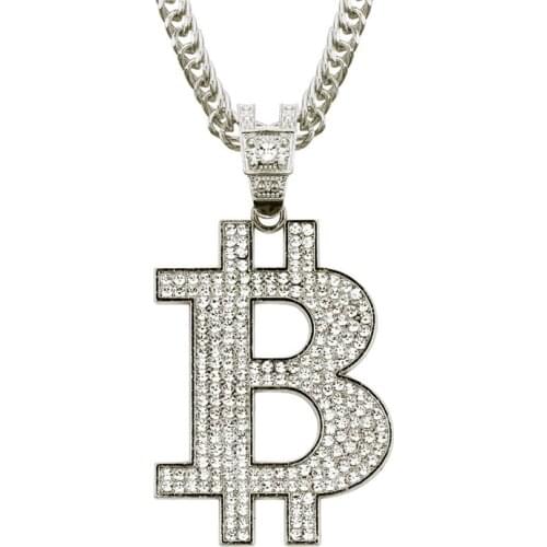 Iced Out Bling Bitcoin Pendant Necklace Dollar Symbol Micro Pave Crystal Zircon Hip Hop Money B Letter Charm Jewelry