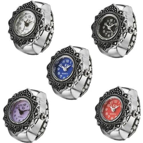 15pcs/lot Vintage Finger Watch Rings 5 Color MIXORDER Creative Clock Round Elastic Quartz Finger Ring Watch Women Students Gift