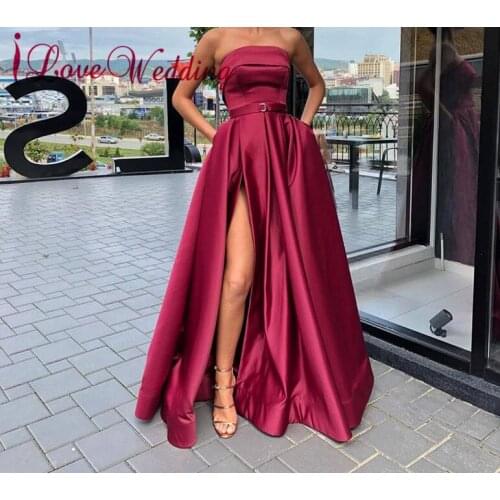 Prom Dresses Strapless A Line Satin Party Gown Custom made Formal Dress vestidos de gala Long Dress with Pocket