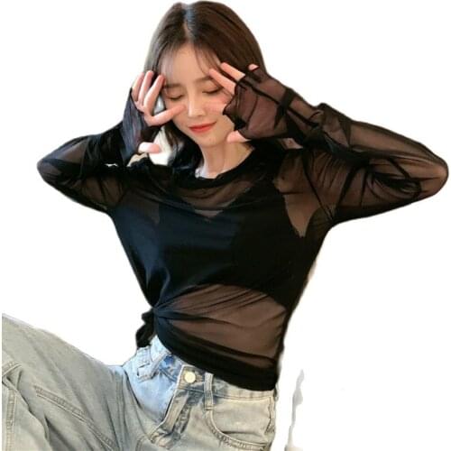 Female 2021 summer new student Korean loose mesh perspective T-shirt fashion sunscreen