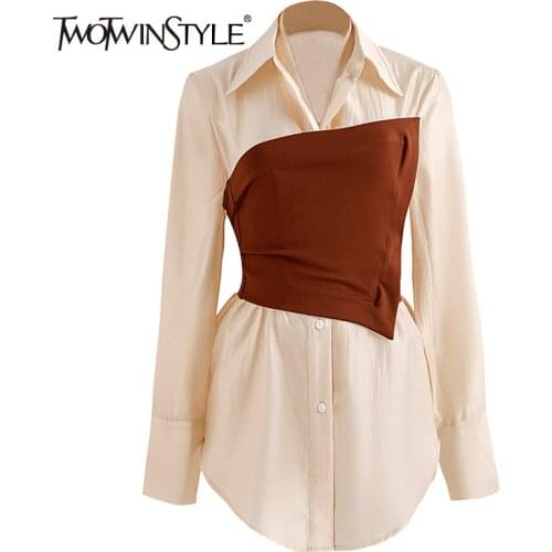 TWOTWINSTYLE Solid Color Shirt For Women Lapel Collar Long Sleeves Slim Fit With Corset High Waist Shirts Female 2021 Autumn New