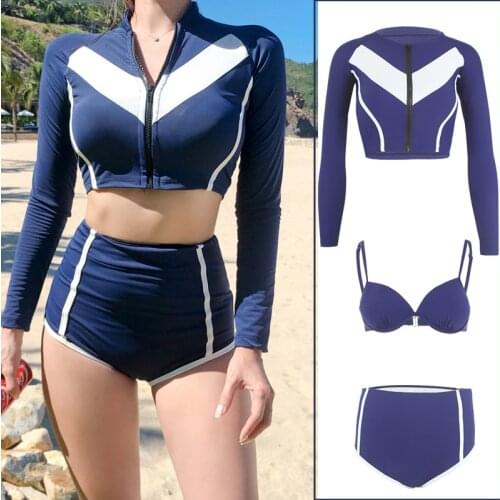 Womens 3 Piece Swimsuits Long Sleeve Crop Shirt with High Waisted Shorts Bra Bathing Suit Bikini Set Rashguards Sun UV Protect
