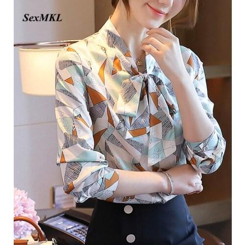 Women Printed Long Sleeve Office Blouses 2020 Fashion Bow Neck Autumn Ladies Tops Korean Clothing Slim Elegant Sexy Silk Blouse