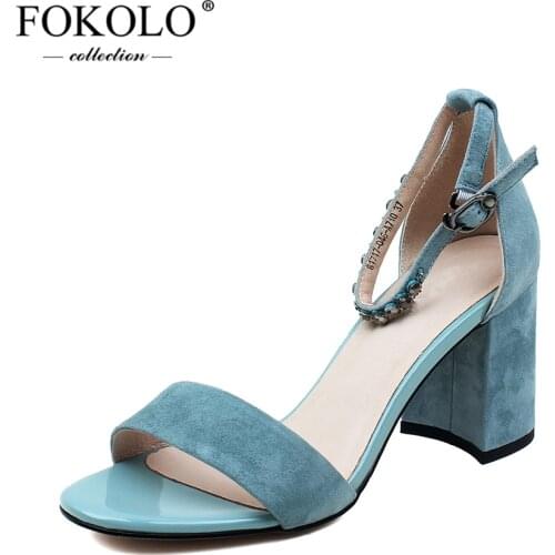 FOKOLO High Heels Women Kid Suede Ankle Strap Cover Heel Sandals New Summer Genuine Leather Handmade Sexy Party Lady Shoes L20
