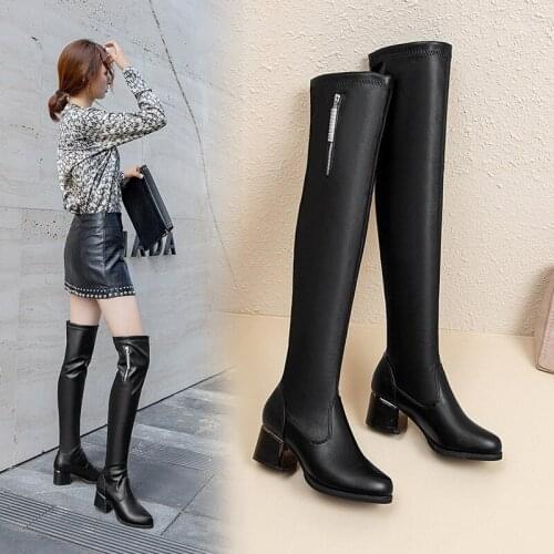Ladies Winter Thick Heel Leather Boots Fashion Elastic Warm Over The Knee Boots Feminina zapatos de mujer Womens platform Shoes