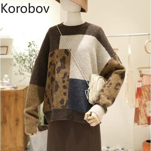 Korobov Women Knit Hit Color Patchwork Sweaters Korean Leopard O-Neck Long Sleeve Pullovers Streetwear Female Jumper 79346