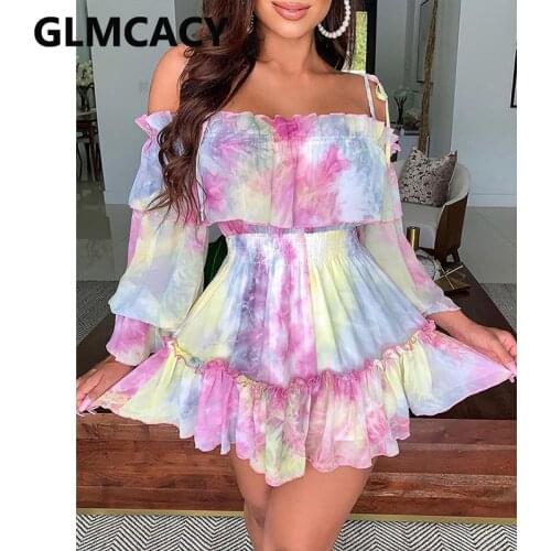 Women Long Sleeve Off Shoulder Abstract Printed Mini Dress Sweet Boho Beach Dress