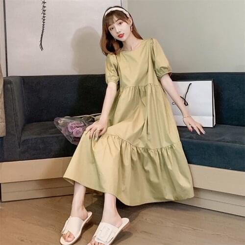 2020 Fashion Summer Short Lantern Sleeves Dress Cotton Linen Solid Mid-Calf Dress Ruffles Ladies Dress Plus Size M-6XL 7XL