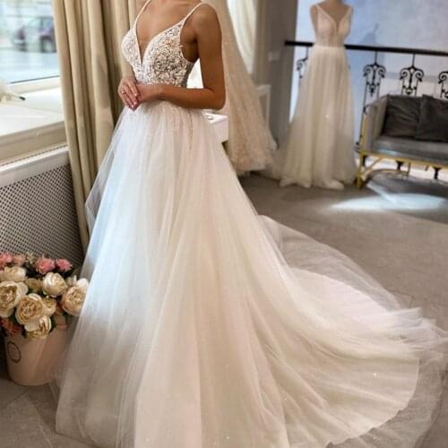 2021 Sexy Lace Wedding Dress Appliques Deep V-Neck Sleeveless Spaghetti Straps Tulle Backless Bride Gown Vestidos De Noiva