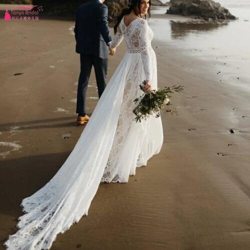 Bohemian Wedding Dress V Neck Back Lace A Line Chiffon Seaside 2021 Beach Long Sleeve Bridal Gown Skin Lining Bride Dress