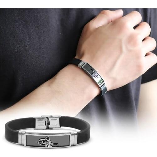 Tuğra Design Black Leather-Steel Kombinli Male Bracelet 104000570