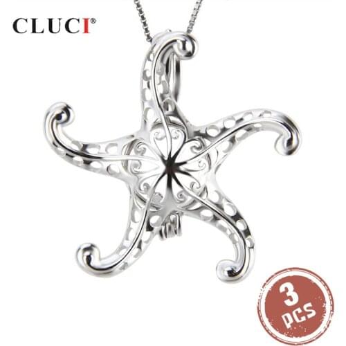 CLUCI 3pcs Seastar Shaped Silver 925 Pendant for Necklace Jewelry Making Women Fine Jewelry Real Silver 925 Pearl Locket SC205SB
