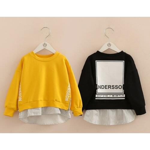 2021 Spring Autumn New 3-11 12 Years Teenage Child Loose Letter Cotton Tops Kids Baby Fake 2 Pcs Patchwork Sweatshirts For Girls