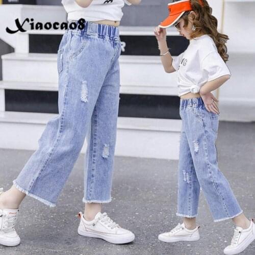 Teenage Girls Jeans Kids Hole Denim Pants for Girls Letter High Waist Jeans Pants Children Summer Clothing 6 8 10 12 14Years