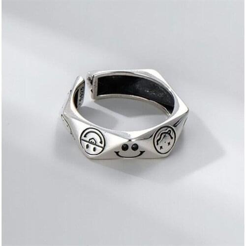 Korean Retro Cute Smiley Simple Finger 925 Sterling Silver Adjustable Rings For Women Elegant Delicate Jewelry Gift