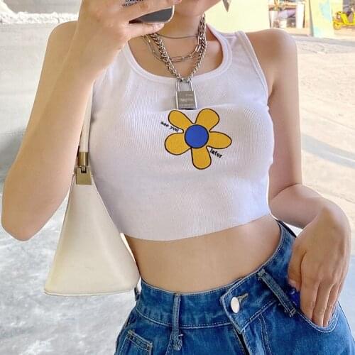 SEASONS Casual White Sleeveless Crop Tops Tee Cute Floral Embroidery Tanks Camis Women Summer Fashion Vest Camisole ASVE82696