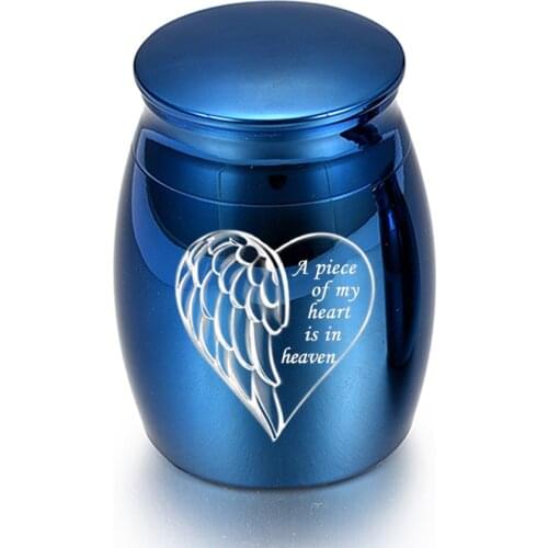 Angel Wing Heart Engraveable Elegant Blue Beautiful Small Mini Keepsake Urn for Human Ashes - A Piece of My Heart is in Heaven