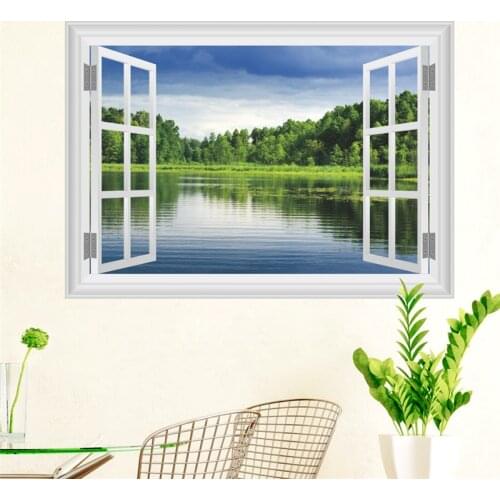 Forest Tree Lake 3d Window Wall Stickers Living Room Bedroom Decoration Natural Scenery Pastoral Mural Art Diy Home Decal