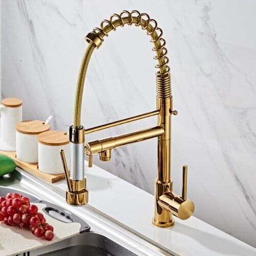 All Copper American High-pressure Pull Spring Tap Kitchen Hot and Cold Double-out Tap Large Sink Golden Tap