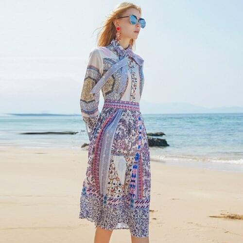 Runway Fashion Summer 2021 High Quality Bow Flower Print Elegant Long Pleated Party Holiday Dress