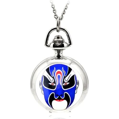 Fashion Modern Silver Quartz Pocket Fob Watch Necklace Pendant Relogio De Bolso Enamel Women Pendant Watch Peking Opera Pattern