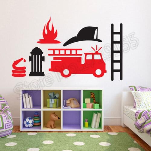 Cartoon Fire Truck Engine Car Vinyl Wall Decal Removable Cartoon Stickers For Boys Room Special Design Home Decoration DIYZW308