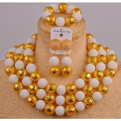 White Imitation Pearl Beads African Jewelry Set Nigerian Wedding Necklace Sets Bracelet Earrings for Womens FZZ48