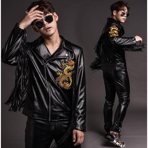 New Nightclub bar DJ Male singer drums performance clothing Personality Tassel Dragon Leather Jackets and Pants