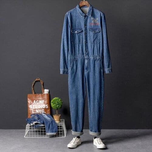 New Influx Male Tooling One Piece Sets Striped Jeans Jumpsuit Mens Korean Of The Self-cultivation Small Feet Trousers O