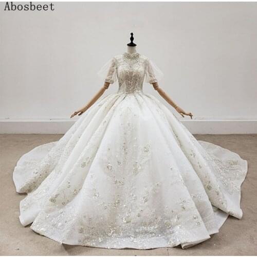 High Collar Luxury Beads Puff Sleeve Plus Size Wedding Dress 2021 Puffy Gown Short Sleeve Robe Mariee Shining Bridal Gown