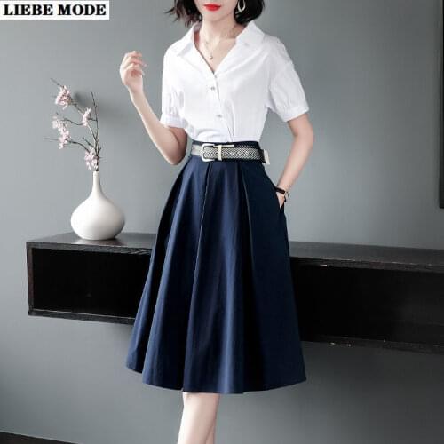 2021 New Summer Short Sleeve V-neck Shirts Bouses and Knee Length Skirt 2 Piece Set Ol Fashion Formal Work Wear Skirts Suits
