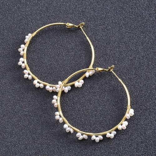 Gold Wire Wrapped Freshwater Pearl Hoop Earrings for Women Bridal Fashion Copper Large Circle Earrings Jewelry Wholesale