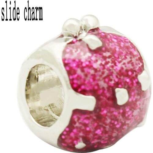 Slide charm Free shipping Children gift US Small girl in pink enamel purse charm beads fit Pandora bracelet