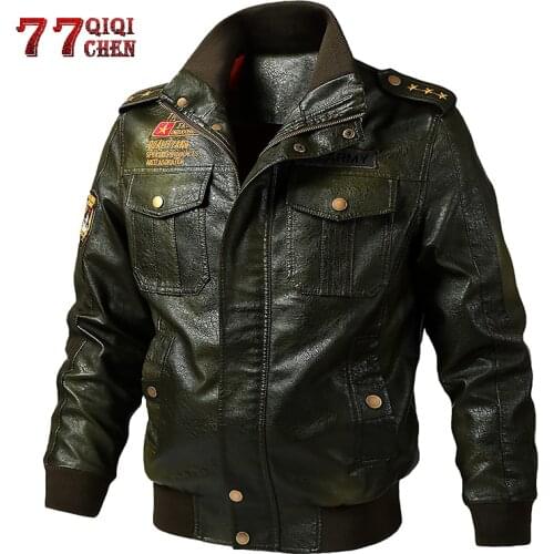 Embroidery Bomber Pilot Leather Jacket Men 2020 Plus SIze 5XL Military Vintage Motorcycle Pu Leather Baseball Coat Jaqueta Couro