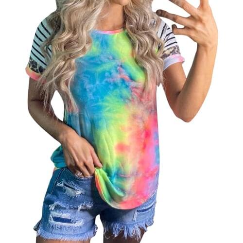 Tie-dye Color Block Stripe T-shirt Casual Women Short Sleeve Summer Multicolor rainbow gradient Tshirt Loose Female Clothing