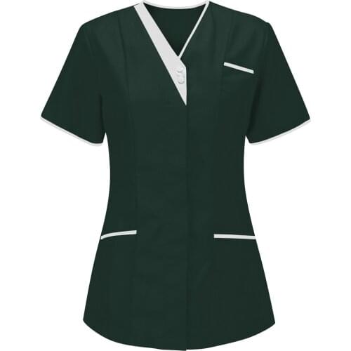 Women Workwear Uniform Tunics Working Solid Color Clothing Pocket Short Sleeve V-neck Tops Tees Oversized Tunics Футболки