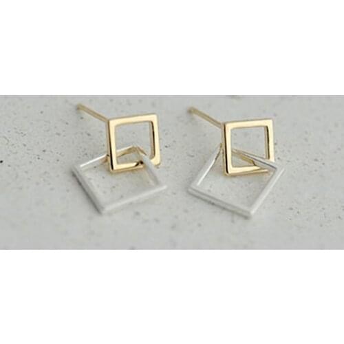 Daisies Real Pure 925 Sterling Silver Double Golden Geometric Square Stud Earrings For Women Statement Jewelry