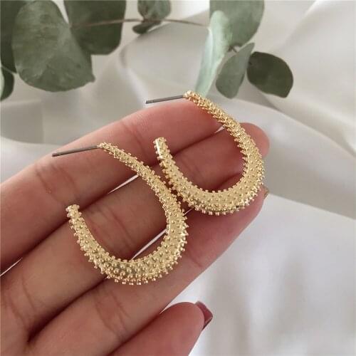 2020 New Trendy Gold Color Plating Rough Surface Oval Shape Hoop Earings For Women Lady Classic Accessory Gift High Quality