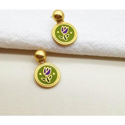 Japanese and Korean version retro earrings super beautiful with pigment elegant enamel dark green tulip flower earrings female