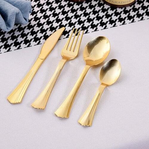 24 sets Disposable Party Tableware Set Rose Gold Plastic Cutlery Fork Spoon Knife Anniversary Wedding Birthday Suppliers