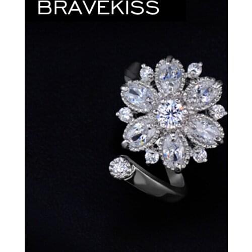 BRAVEKISS beautiful big flower cocktail rings cz crystal adjustable cuff open rings band for women anillos bague jewelry BUR0026